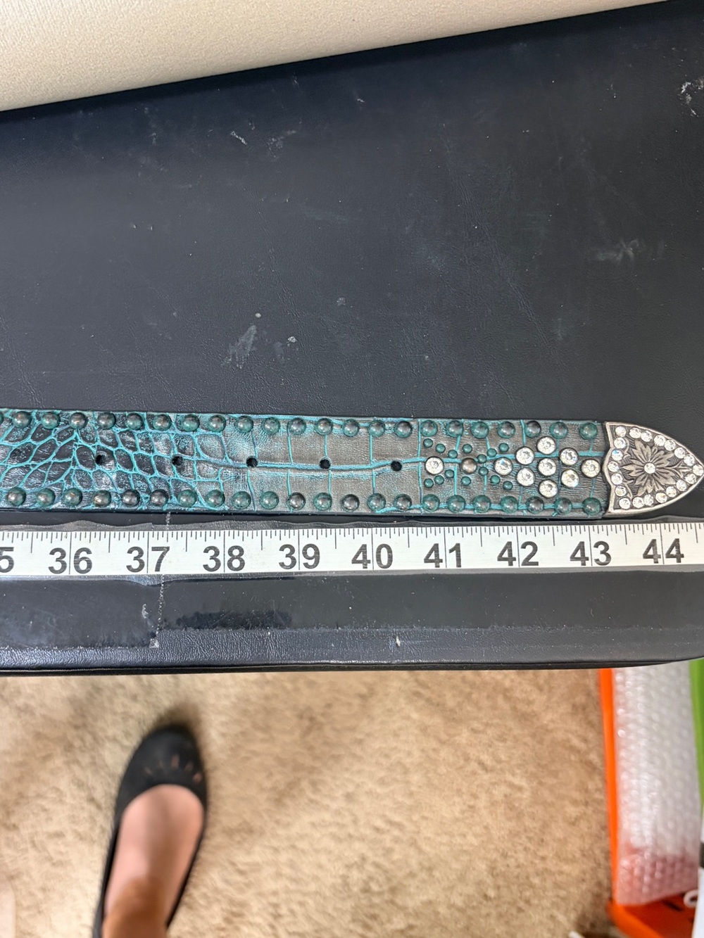 Teal Leather Croc-Embossed Rhinestone Western Belt M / L EUC - Picture 8 of 8